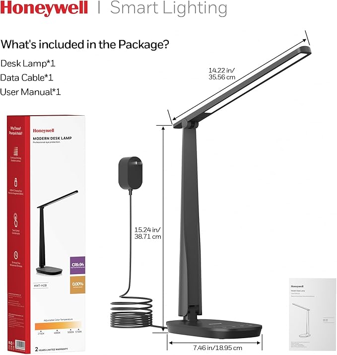 Honeywell LED Desk Lamp for Home Office, Eye-Caring Dimmable Reading Light with 4 Color Modes, Touch Control, USB-A & USB-C Charging Ports, Adjustable Head, Timer for Bedroom & Small Desks