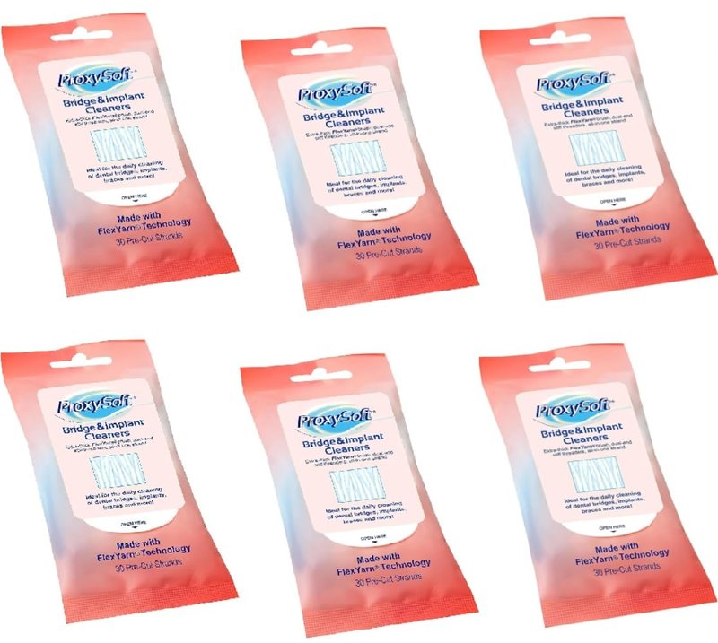 Proxysoft Dental Floss for Bridges and Implants 6 Packs - Floss Threaders for Bridges, Dental Implants, Braces with Extra-Thick Proxy Brush for Optimal Oral Hygiene -Teeth Bridge and Implant Cleaners