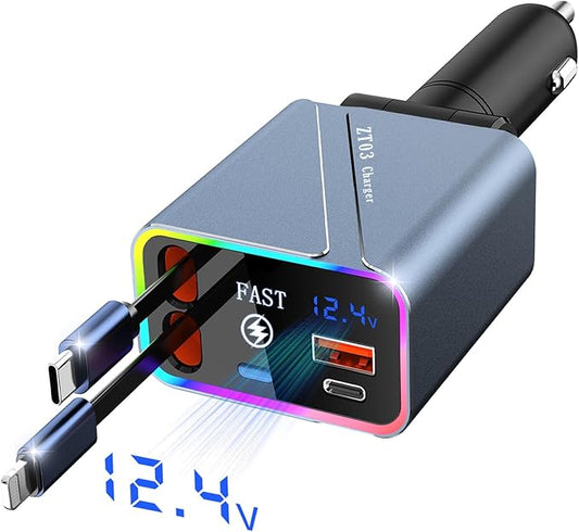 4 in 1 Retractable USB C Car Charger Adapter - 146W/65W Fast Charging, 35.43in Cord, Gift for Men & Women, Compatible with iPhone 16/15/14/13/12 & Android