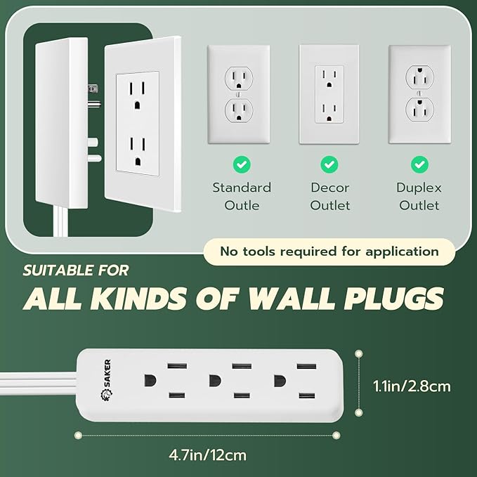 Saker Outlet Concealer Power Strip | 5ft Flat Plug Extension Cord with 3 Outlets,1625W | Universal Size Outlet Cover Baby Proofing | Cover Extension Cord for Kitchen, Home and Office