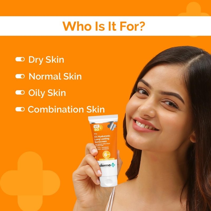 The Derma Co 1% Hyaluronic Long Lasting Sunscreen SPF 50 PA++++ With Hyaluronic Acid & Vitamin E For Broad Spectrum Protection Upto 6H Sun Protection Water & Sweat Resistant No Reapplication Needed