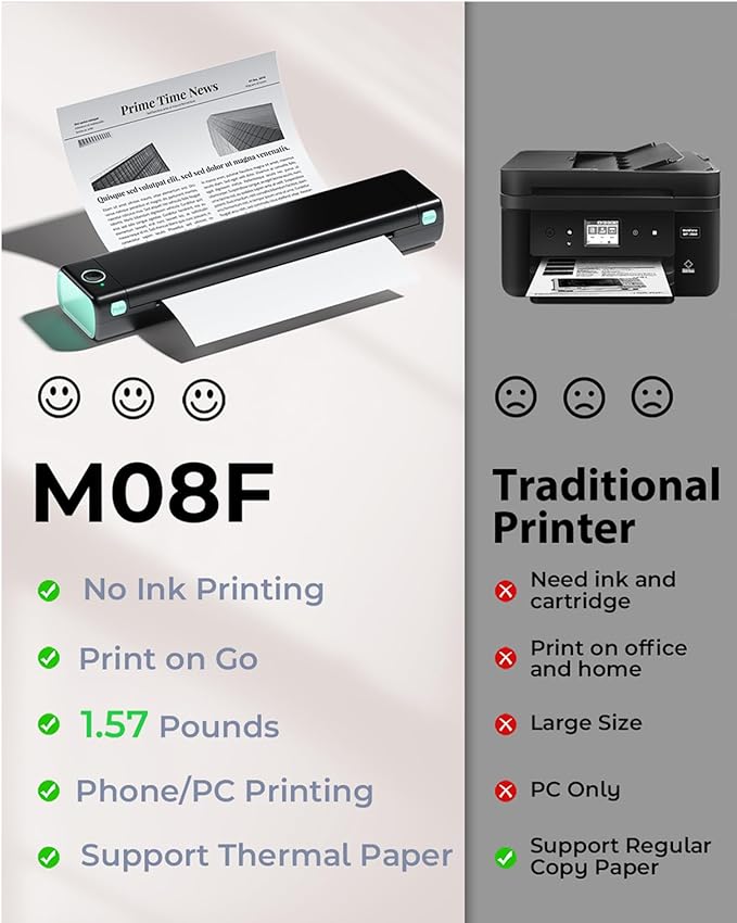 Phomemo Portable Printers Wireless for Travel, M08F Thermal Bluetooth Printer Support for 8.5"x11" US Letter, Small Inkless Printer Compatible with iOS, Android, Laptop for Car, Office, Home