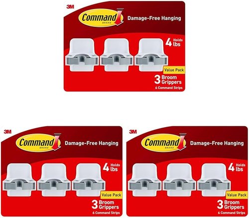 Command Broom Grippers - Damage-Free Mop & Broom Holder Wall Mount | 3 Hangers & 6 Strips, Holds Up to 4 lb