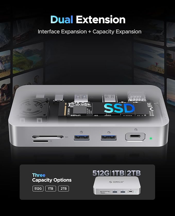 ORICO 2 TB External SSD Docking Station, SSD Expansion + Hub Extension, Up to1000MB/s, 10-in-1 USB C HUB with Internal SSD, Support 4K@60Hz HDMI Display, 100W PD, Ethernet, SD/TF, Mac mini - SJ10