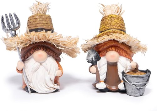 Hodao Farmer Gnomes Figurines - Rustic Hand-Painted Resin with Straw Hats & Farm Tools | Perfect Garden Decor