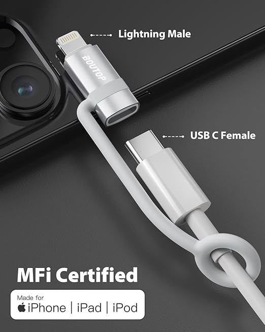 BOUTOP [MFi Certified] USB C to Lightning Adapter, Type C to Lightning Adapter Support 36W PD Fast Charging Compatible with iPhone iPad Silver -3 Pack
