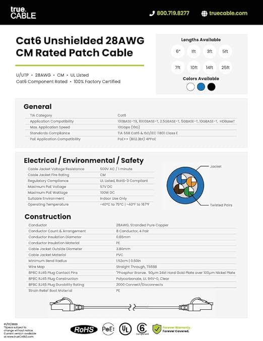 TRUECABLE Cat6 Component Rated Patch Cable, Unshielded (U/UTP), 6in, Black, 28AWG Stranded Pure Copper, Snagless 10G High-Speed Ethernet Cable, PoE++ 4PPoE 100W, UL Listed, RoHS-3, 5 Pack