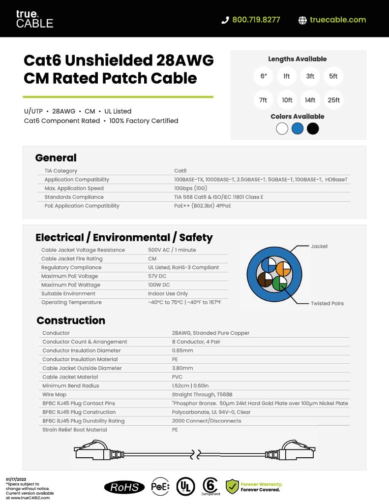 TRUECABLE Cat6 Component Rated Patch Cable, Unshielded (U/UTP), 6in, Blue, 28AWG Stranded Pure Copper, Snagless 10G High-Speed Ethernet Cable, PoE++ 4PPoE 100W, UL Listed, RoHS-3, 1 Pack