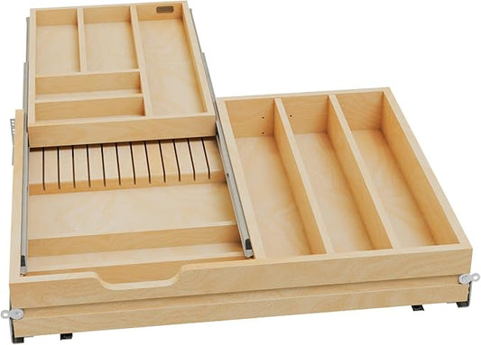 Rev-A-Shelf Two-Tier Kitchen Utensil Drawer Organizer & Pullout Cutlery Tray, Soft-Close Slides, 27" Cabinet Opening, Wood, 4WTCD-30HSC-1