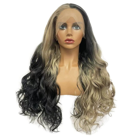Peakia Long Wavy Blonde Black Ombre Natural Half Hand Tied Synthetic Lace Front Wig