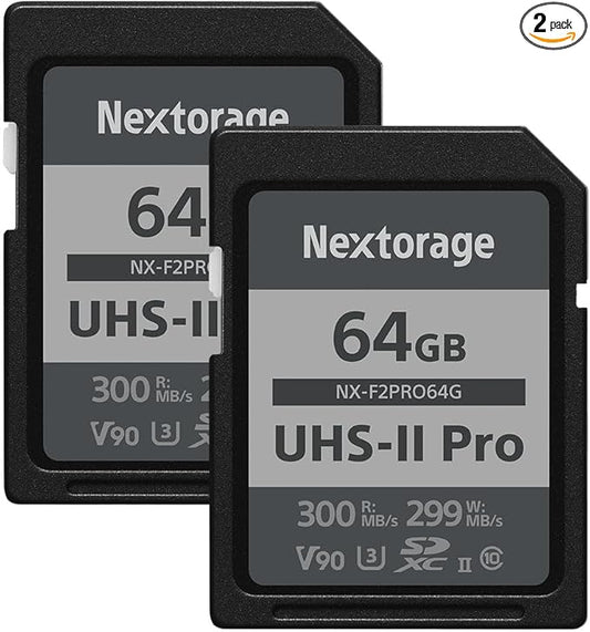 Nextorage Japan 64GB 2Pack SDCard UHS-II Memory Card V90 Canon, Sony, Nikon, Fujifilm, Panasonic Camera 8K 4K High-Speed Continuous Shooting pSLC Max Read 300MB/s Max Write 299MB/s NX-F2PRO64G