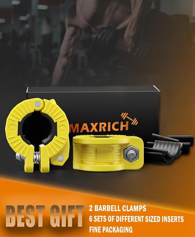 MAXRICH Barbell Clamp 1 inch Multiple Sizes & Adjustable Weight Clips for Quick Release Barbell Collars (Yellow)