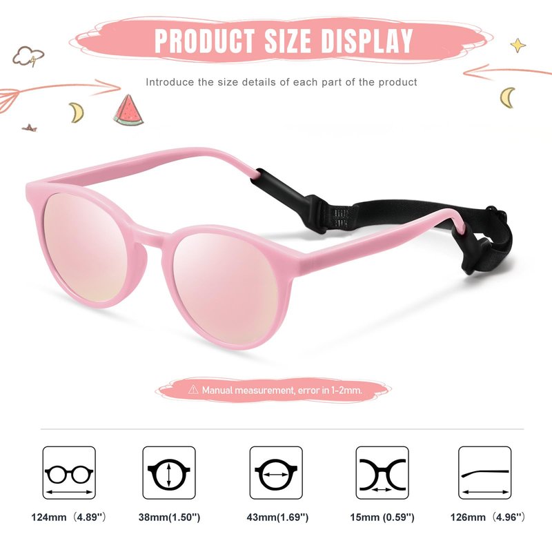 Vcarsian Cute Kids Polarized Sunglasses,Baby Sun Glasses with Strap for Toddler Girls Boys Flexible Round UV Protection Glasses Age 0-6