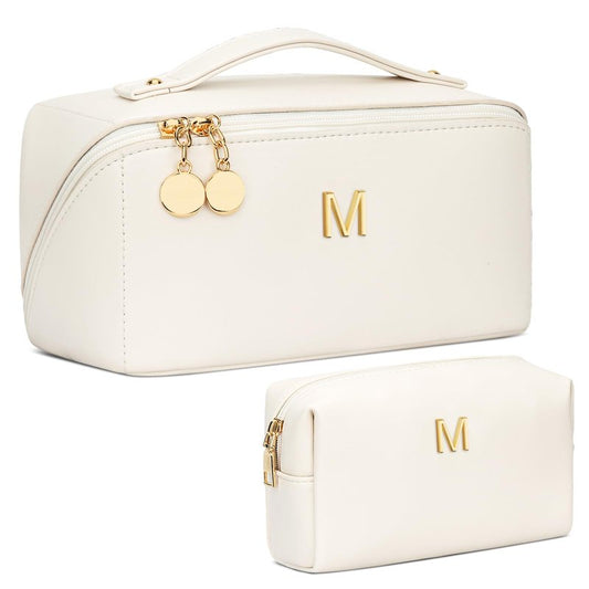 CLOUDWINGS Birthday Gifts for Women Teen Girl, Personalized Initial Makeup Organizer Bag Set, Open Flat Travel Cosmetic Bag With Clear Divider and Handle(Beige,M)