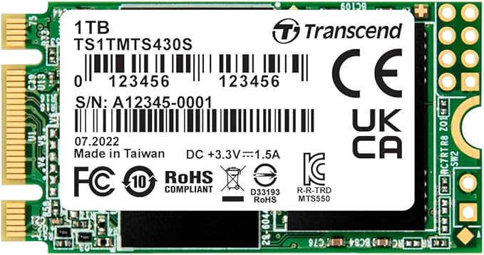 Transcend MTS430 1TB M.2 2242 SATAIII SSD with Dram Cache, Up to 560MB/s, Compatible with Ultrabook/Laptop/PC/Desktop, 3D TLC NAND Flash Internal SSD, LDPC Error Correction, SLC Cache, B+M Key