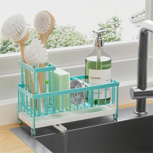 Cisily Sponge Holder for Kitchen Sink, Sink Caddy Organizer with High Brush Holder, Kitchen Countertop Organizers and Storage Essentials, 304 Stainless Steel, Teal Kitchen Decor (Turquoise, 9.25″)