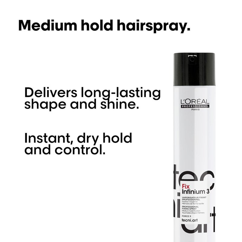 L'Oréal Professionnel Paris Fix Infinium 3 - Medium Hold Hairspray For Lasting Shape and Shine, Reduces Frizz Without Stiffness
