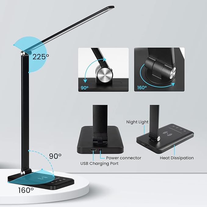 JOSTIC LED Desk Lamp with Night Light, Fast Wireless Charger, USB Charging Port, 10 Brightness, 5 Color Modes, Dimmable Bedside Table Lamp for Bedroom, Touch Control, Auto Timer, 1200Lux Super Bright
