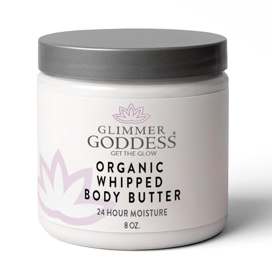 Glimmer Goddess Organic Whipped Body Butter for Women - Moisturizer Cream with Shea & Cocoa Butter, Almonds & Coconut Oil - Unscented, 8oz