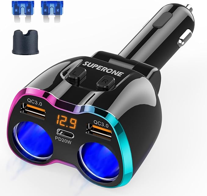 2026 Upgraded Cigarette Lighter Splitter, SUPERONE 180W 2-Socket Cigarette Lighter Adapter with Dual QC3.0 and 20W PD USB C Car Charger Splitter for GPS/Dash Cam/Laptop/iPad/iPhone 17/16/15/14/13/12