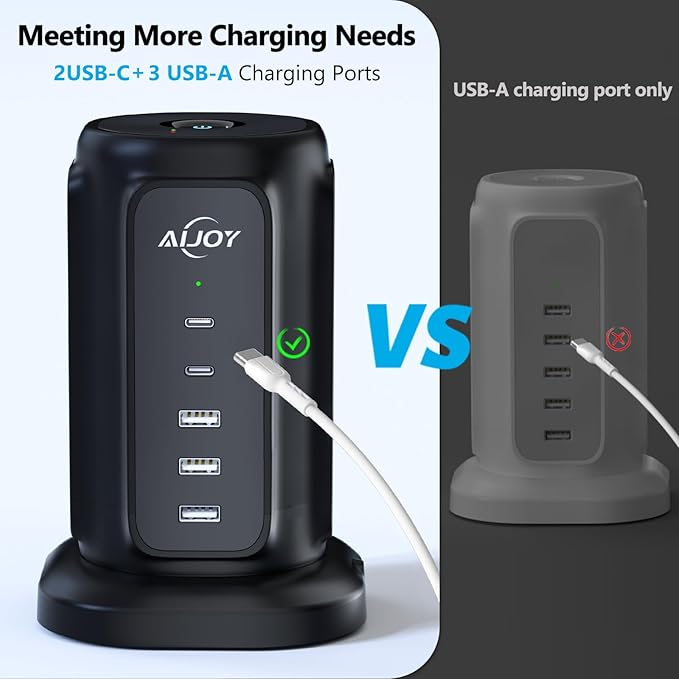 AiJoy Flat Plug Power Strip Tower with 9 AC Outlets and 5 USB Ports
