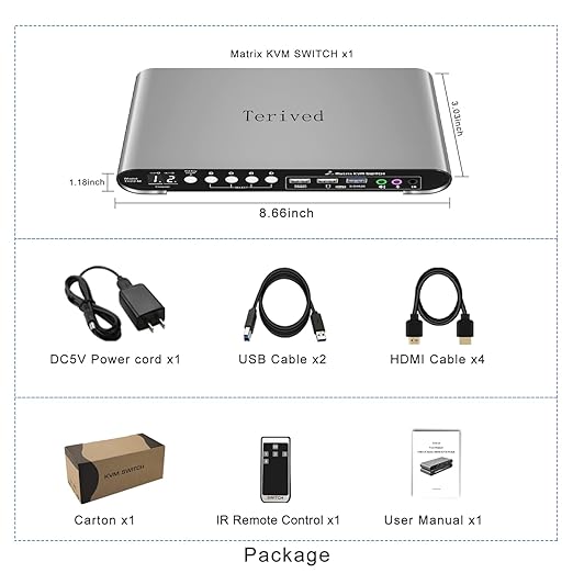 Terived 2 Computers 2 HDMI Monitors Matrix Automatic KVM Switch 4K@60Hz, Hotkey Switching, EDID, Digital Display and Aluminum Shell, USB 3.0 Hub Audio Microphone with Cables