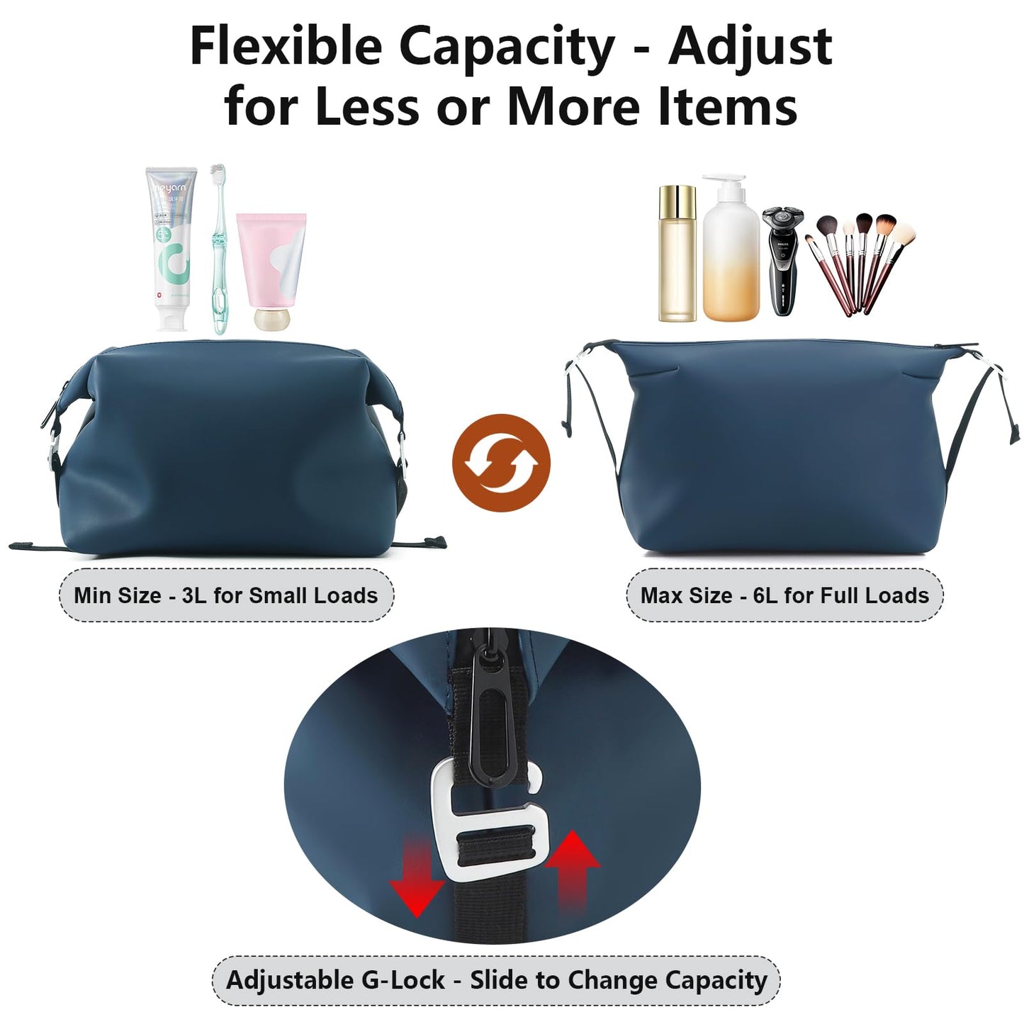 Vomgomfom 6L 13 Inch Silicone Toiletry Bag, Waterproof Leakproof Travel Cosmetic Organizer, Adjustable G-Buckle Compression Dopp Kit, Foldable Makeup Bag for Women & Men (Navy, 13" 6L)