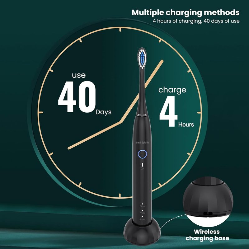 Rechargeable Sonic Electric Toothbrush for Adults - 10 Brush Heads, 3 Modes, 2-Minute Timer | Travel-Friendly Black