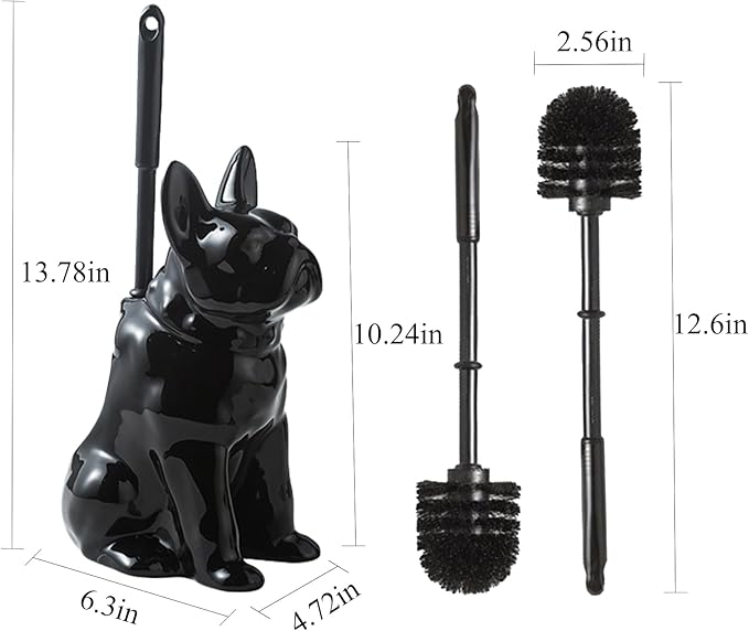 2026 Ceramic Dog Toilet Brush Holder Set, French Bulldog Design with 2PCS Durable Plastic Brush, Modern Bathroom Accessories (Black)