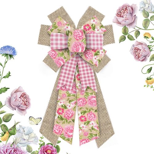 Hying Large Spring Flower Bow - Pink Natural Burlap Wreath Bow for Easter & Birthday Decor