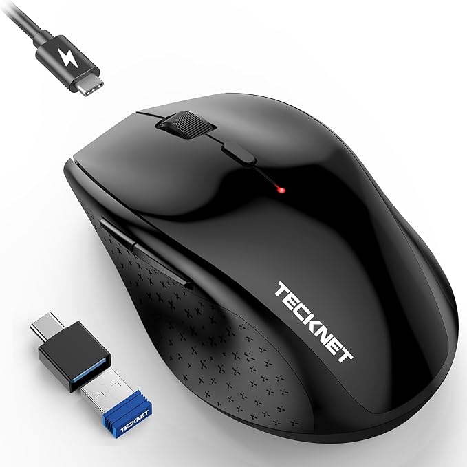 TECKNET Rechargeable Mouse with Jiggler, Plug & Play, 2.4G Connection with USB-C Adapter, Silent Mouse Quiet Click, 6400 DPI Ergonomic Mouse, Cordless Computer Mice for Laptop, Desktop, PC