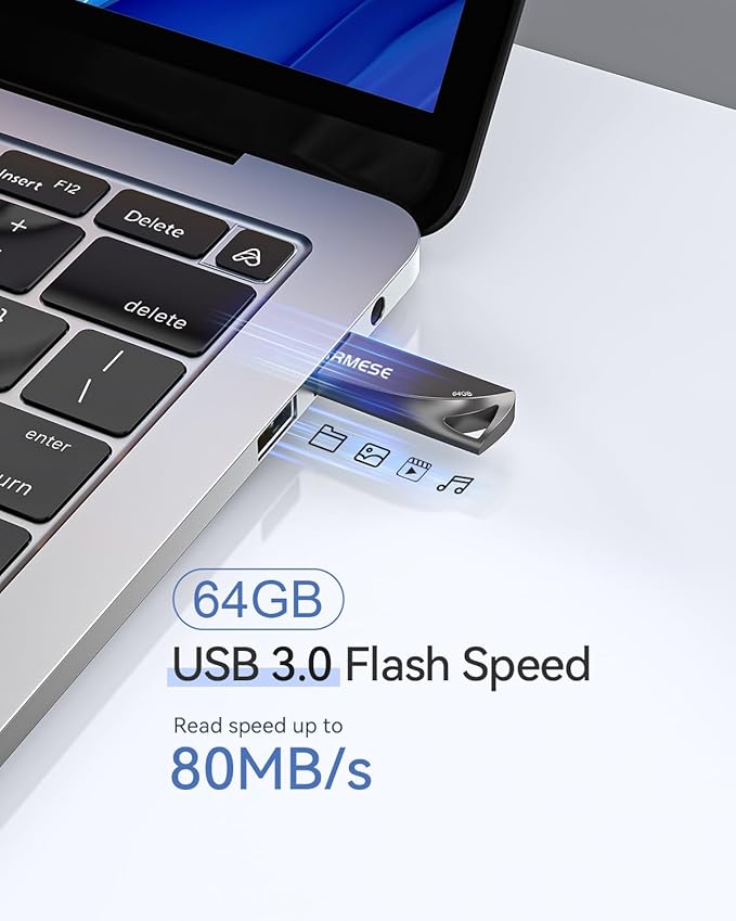 GARMESE 64GB USB 3.0 Flash Drive, Metal Waterproof & Slim Portable Memory Stick with Keychain Hole, Thumb Drive for PC/Laptop/Car/Travel Data Storage