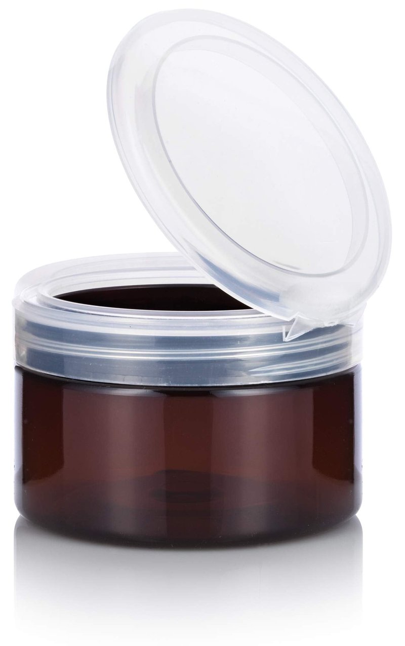 (12 pack) 4 oz Amber PET Plastic Low Profile Jar with Clear Natural Flip Top