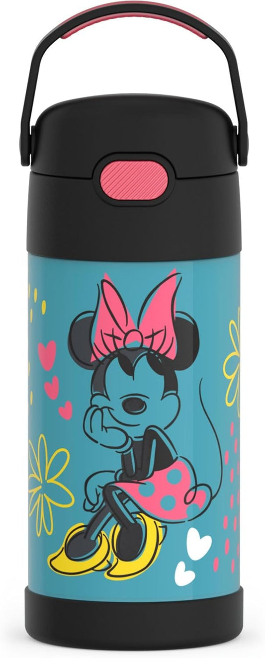 THERMOS FUNTAINER Water Bottle - 12 Ounce Stainless Steel Insulated Kids Bottle with Straw | Minnie Mouse Design