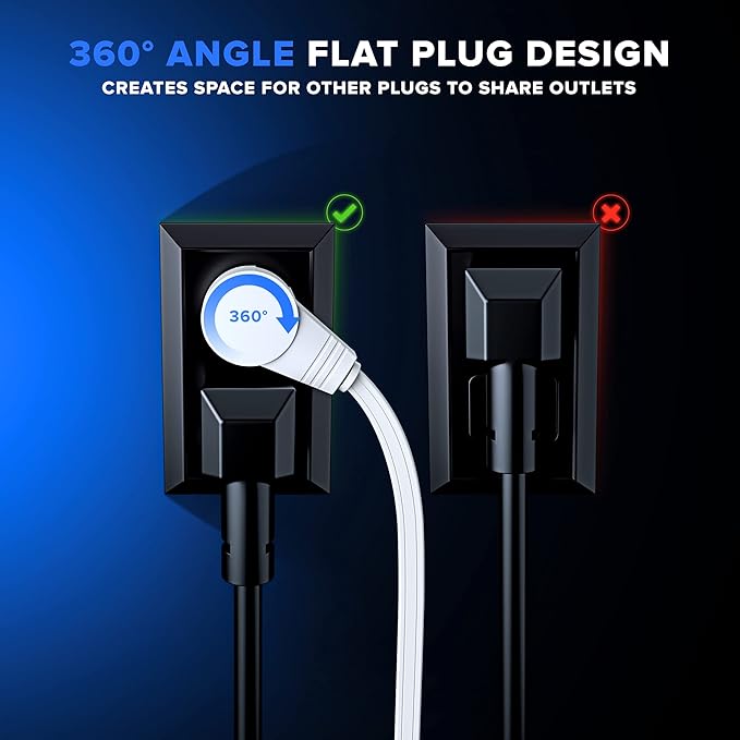 Maximm Cable 50 Ft 360° Rotating Flat Plug Extension Cord, 16/3 AWG Multi 3 Outlet 3-Prong Grounded Wire- White - UL Certified