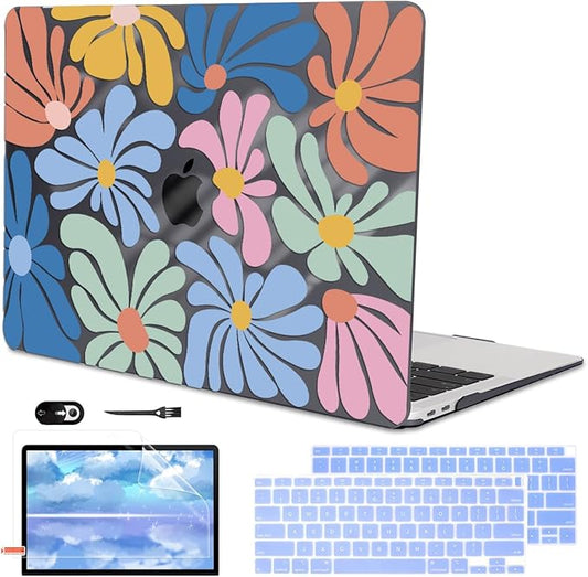 LCMOCICO Compatible with 2021 2020 2019 2018 MacBook Air 13 inch Case M1 A2337 A2179 A1932 Touch ID, Crystal Printed Pattern Plastic Hard Shell Case for Mac Air 13 M1 2021, Colorful Flowers Black