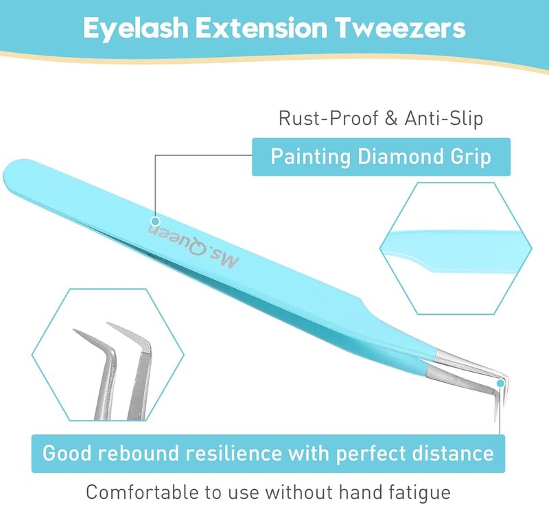 Lash Tweezers for Eyelash Extensions - Professional 5-Piece Curved Isolation Set | Blue Fiber Tip
