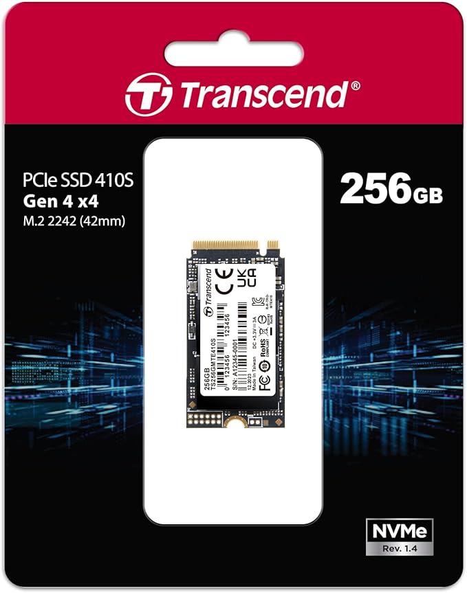 Transcend MTE410 256GB M.2 2242 SSD Up to 3300MB/s PCIe Gen4x4 NVMe 3D TLC for Ultra-Thin Laptops/Lenovo Legion Go&Yoga Gen 6/ASUS ExpertBook&ZenBook/Mini PC/DRAM-Less Design for Low Power Consumption