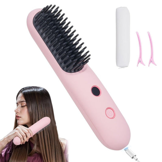 Bestauty Cordless Hair Straightener Brush, MCH Fast 20s Heating Technology, 320℉-356℉-392℉ 3 Levels Adjustable, Negative Ion Conditioning Hair Straightening Brush Volumizing Hot Comb (Baby Pink)