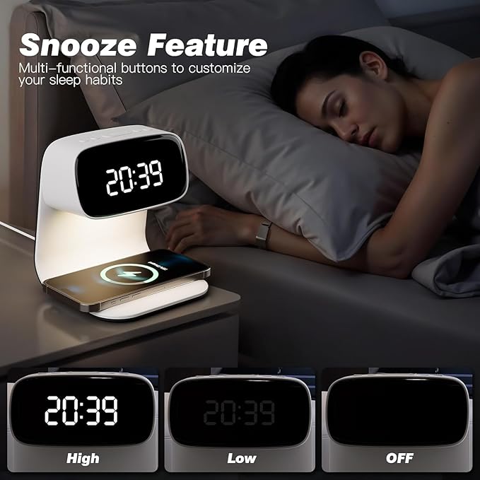 YIDPU Digital Alarm Clock with Wireless Fast Charging Station 15W Touch Smart Lamp for Bedside,3 Colors Nightlight Adjustment Night Lamp for Living Room,Bedside,Heavy Sleepers (White-01-Adapter)