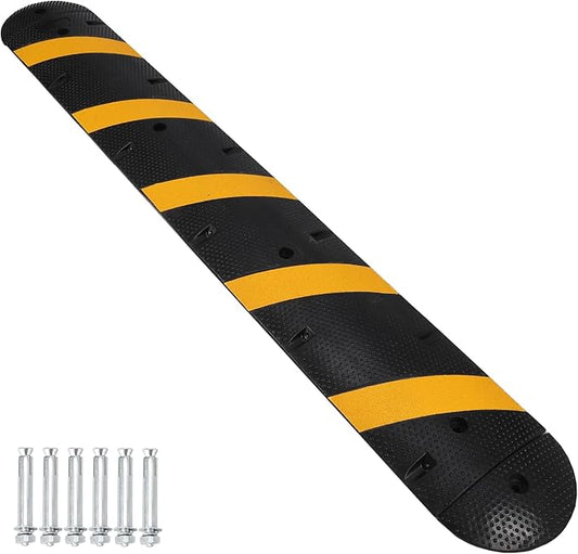 7 Ft Heavy Duty Speed Bump for Road, 84" Rubber Speed Bumps for Driveway, 1 Pack 2 Channel Modular Traffic Speed Bump Hump Cable Protector Ramps for Asphalt Concrete Gravel with 2 End Caps, 6 Spikes