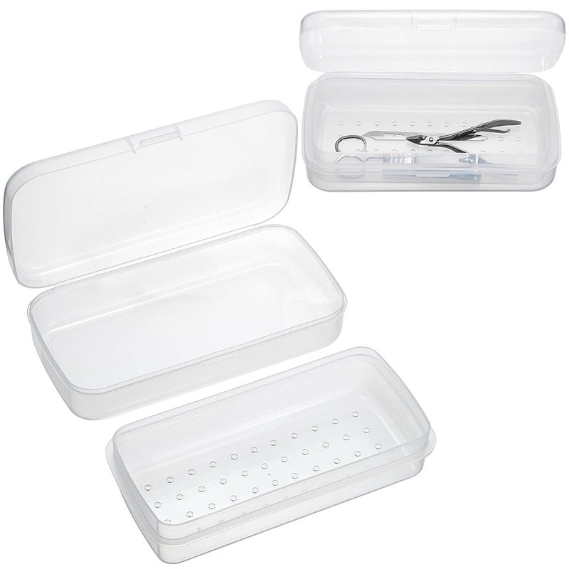 JUXYES 2 PCS Plastic Sterilizing Tray for Nail Art Accessories Tools, Portable Nail Art Tool Sterilizer Tray with Strainer, Fully Transparent Storage Box Organizer for Tweezer Manicure Tools
