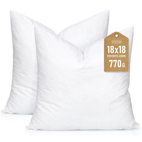 Artscope Synthetic Down Pillow Insert, 18x18 Down Alternative Throw Pillow Insert. Ultra Soft Fluffy Sleeping Pillow with 100% Cotton Cover, Decorative Pillows Set of 2-White.