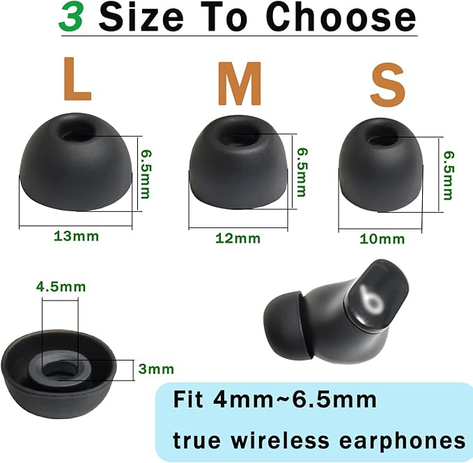 Universal Oval Silicone Ear Tips/Earbuds Tips Replacement for 4.0-7mm Nozzles - 6 Pairs (L/M/S) for Secure Fit & Noise Isolation, Black