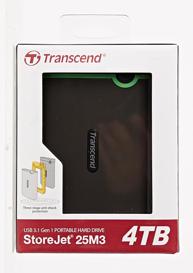 Transcend StoreJet 4TB Rugged External Hard Drive, USB3.1(5Gbps) Portable HDD with One Touch Auto-Backup Button/Anti-Shock Resistant, Compact&Lightweight, Lightning-Fast Speeds, Iron Grey -TS4TSJ25M3S