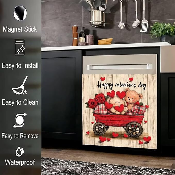 Happy Valentine's Day Kitchen Decor Dishwasher Magnet Cover Decal, Rustic Wood Red Wagon Magnetic Dish Washer Panel Door Vinyl Sticker, Refrigerator Magnets,Easy to Clean, 23 x 26 inch