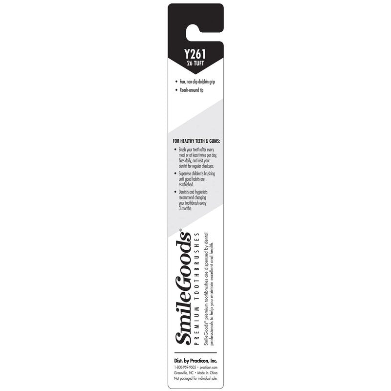 Practicon SmileGoods Y261 Child Toothbrush, Soft, w/ Dolphin Grip, Individually Packaged Toothbrushes, Assorted Colors, Bulk Pack of 72