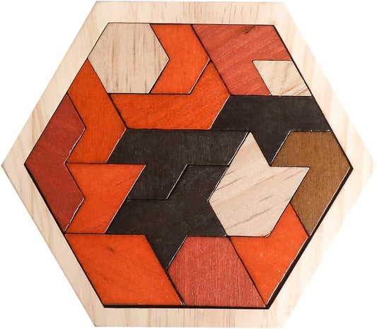 Skrtuan Wooden Hexagon Tangram Puzzle - Montessori Brain Teaser Game for Kids & Adults | Portable Educational Toy