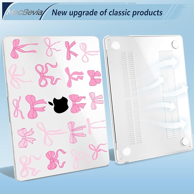 MecBevia Compatible with 2026 M5 MacBook Air 15 inch Case, 2026 2025-2023 M5 A3448 M4 A3241 M3 A3114 M2 A2941, Keyboard Cover, Screen Protector, Webcam Cover & Type-C OTG, Pink Bows