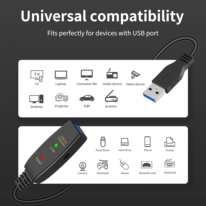 LDKCOK 100ft Active USB 3.0 Extension Cable, Male to Female USB Extender with 3 Signal Boosters, SuperSpeed 5Gbps Data Cord (Micro USB Power Cable Included) for Webcams, Printers, VR, Security Cameras